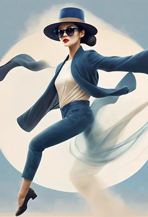 (Modern art dance poster design), (Half-length close-up), (Beautiful Chinese girl dancing in the air), (Wear modern fashionable winter fashion: 0.8), (Wearing big sunglasses and top hat: 1.2), Harmonious combination of classic and modern, An elegant combin...