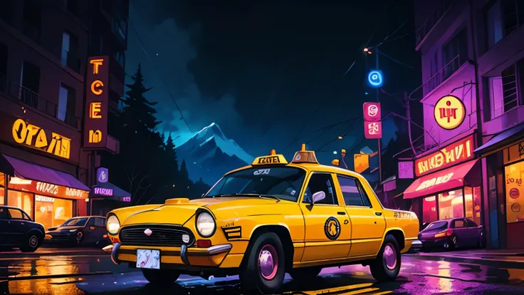 taxi car, Retro, Full Color, Multicolor, Artistic, Superior Detail, Super Quality, Fine Details, Highlights, Neon Lights, 8k, Masterpiece, City Night, Neon Lights, Wet Road, Mountains, Forest,