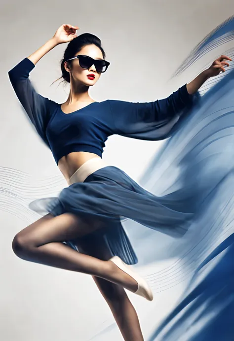 (Modern art dance poster design), (Half-length close-up), (Beautiful Chinese girl dancing in the air), (Wear modern fashionable winter fashion: 0.8), (Wearing large sunglasses: 1.2), Harmonious combination of classic and modern, An elegant combination of d...