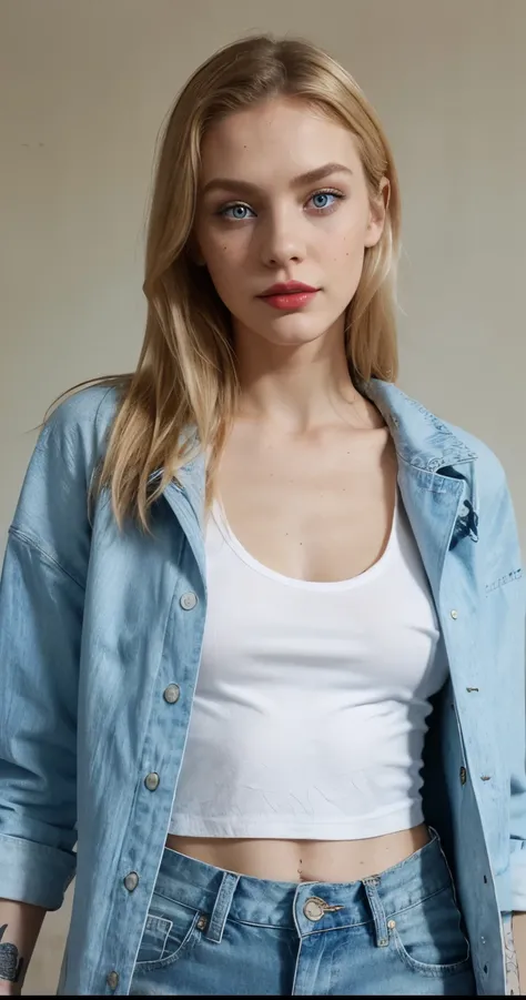 Beautiful skinny girl, elongated face and thin chin, freckles, blonde, blue eyes, red lipstick, beautiful makeup, white skin, tattoo written on the forearm, beautiful patterned top, denim shorts,a beautiful jean coat, white cotton shoes, sexy style