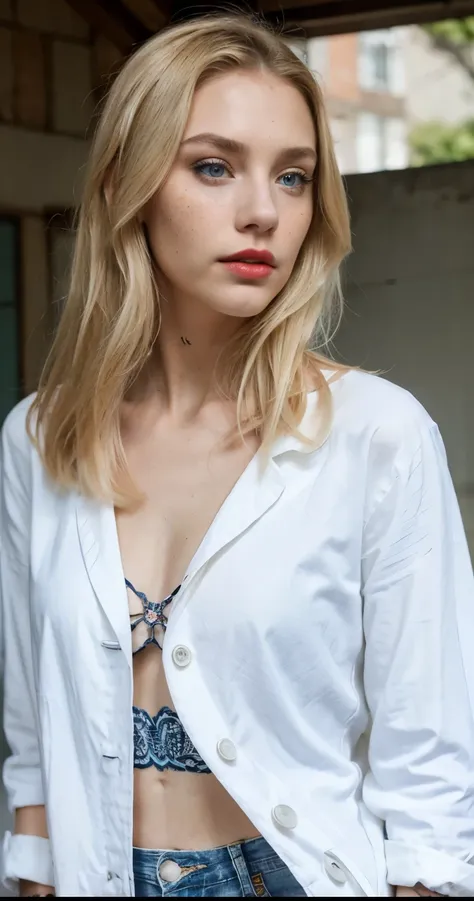 Beautiful skinny girl, elongated face and thin chin, freckles, blonde, blue eyes, red lipstick, beautiful makeup, white skin, tattoo written on the forearm, beautiful patterned top, denim shorts,a beautiful jean coat, white cotton shoes, sexy style