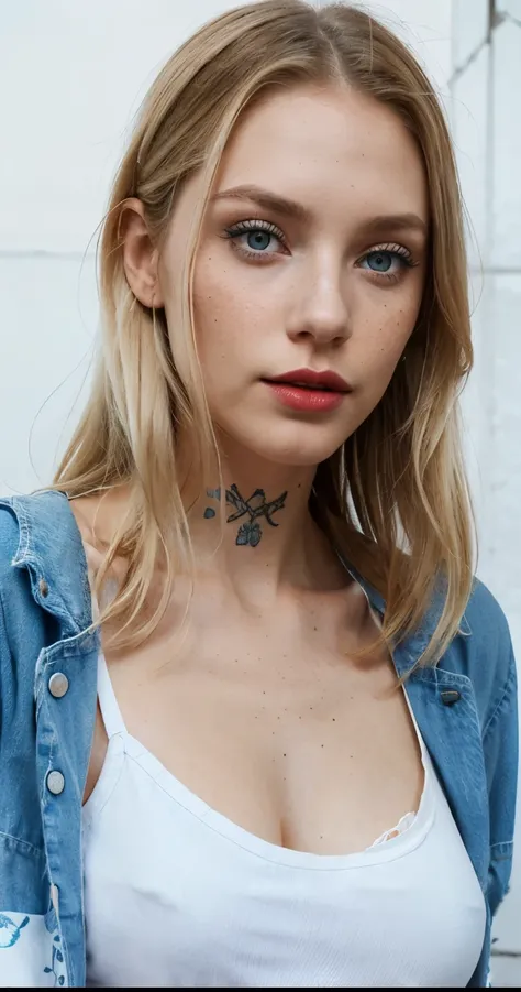 Beautiful skinny girl, elongated face and thin chin, freckles, blonde, blue eyes, red lipstick, beautiful makeup, white skin, tattoo written on the forearm, beautiful patterned top, denim shorts,a beautiful jean coat, white cotton shoes, sexy style