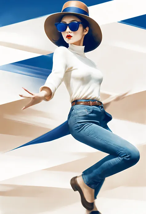 (Modern art dance simple poster design), (Half-length close-up), (Beautiful Chinese girl dancing in the air), (Wear modern fashionable winter fashion: 0.8), (Wearing big sunglasses and top hat: 1.2), Harmonious combination of classic and modern, An elegant...