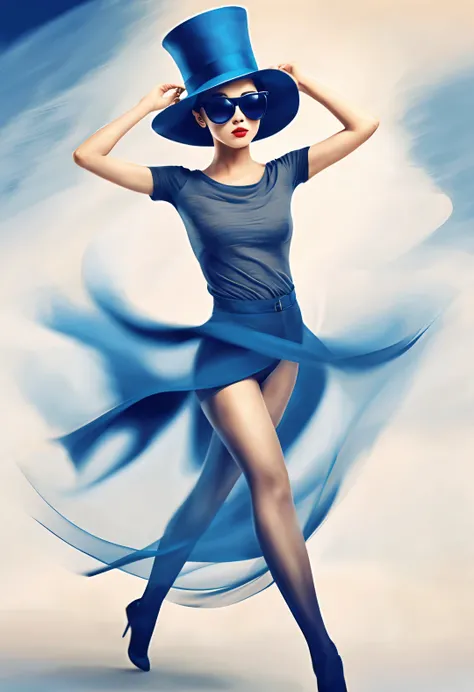 (Modern art dance poster design), (Half-length close-up), (Beautiful Chinese girl dancing in the air), (Wear modern fashionable winter fashion: 0.8), (Wearing big sunglasses and top hat: 1.2), Harmonious combination of classic and modern, An elegant combin...