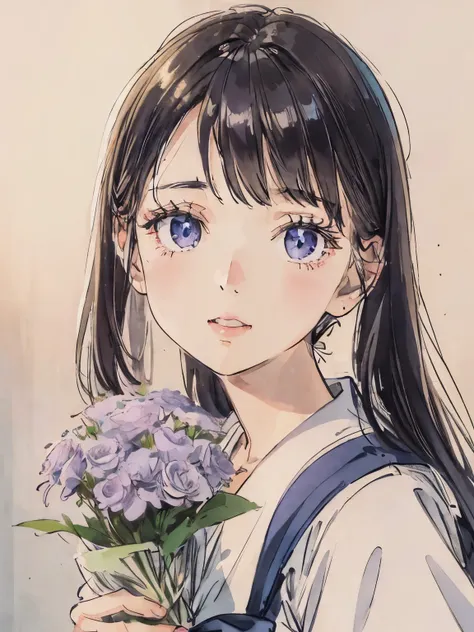 a girl in a sailor suit with a bouquet of flowers、soft lighting、close up of face、front