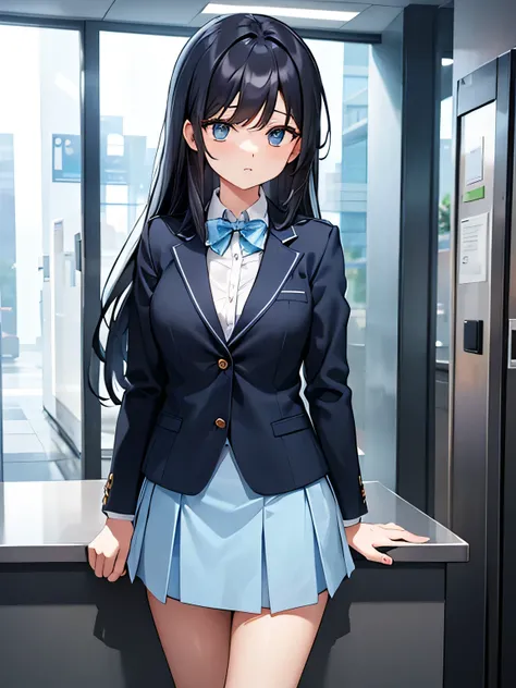 (1) A woman is waiting at the company&#39;s reception counter..
(2) The woman is wearing a light blue blazer and a light blue skirt. (Blazer buttons must be closed.) 
(3) she has long black hair.
(4) her expression is cold and cold.
(5) The location is the...