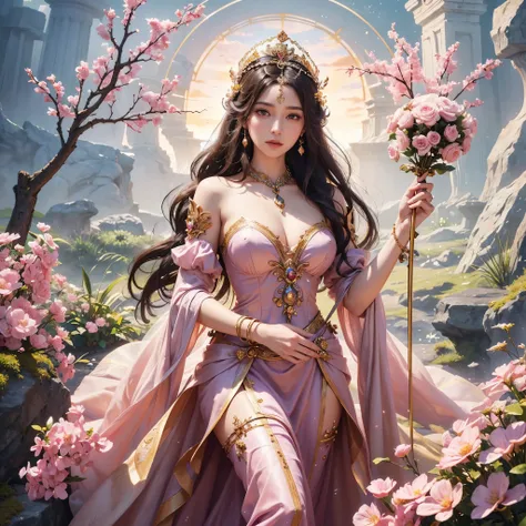 a woman in a pink dress holding a staff surrounded by animals, a beautiful fantasy empress, ((a beautiful fantasy empress)), goddess. extremely high detail, earth goddess mythology, gorgeous goddess of leo, beautiful fantasy art, very beautiful fantasy art...