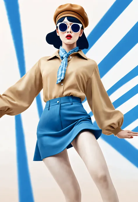 (Modern art dance simple poster design), (Half-length close-up), (Beautiful Chinese girl dancing in the air), (Wear modern fashionable winter fashion: 0.8), (Wear sunglasses and beret: 1.2), Camel coat with blue plaid shirt, Show academic elegance, Present...