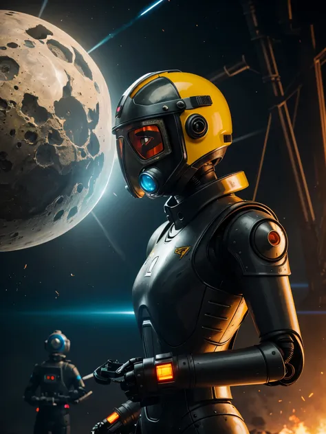 A Robot Girl with helmet gas mask, the Rocketeer style, tongs in hands, Tv head, pinhead, Black and Yellow Pink Cyan Rusty, Ambient in a meteorite crater super detailed, center, beautiful, soft lighting, focused on the character, 4K resolution, photorealis...