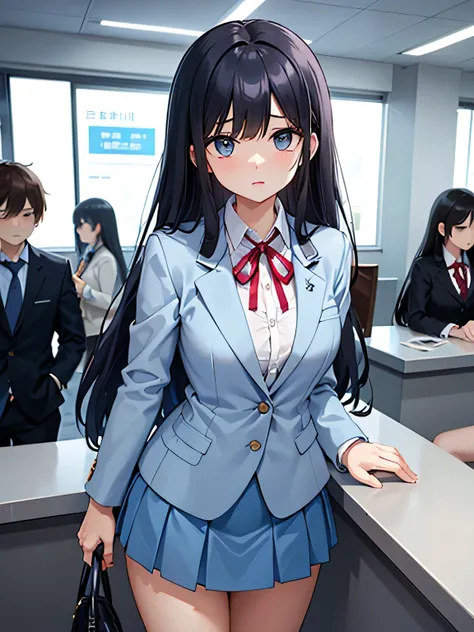 (1) A woman is waiting at the company&#39;s reception counter..
(2) The woman is wearing a light blue blazer and a light blue skirt. she wears a ribbon around her neck. (Blazer buttons must be closed.)
(3) she has long black hair.
(4) her expression is col...