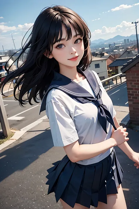 very cute and beautiful girl,teen,(highly detailed beautiful face and eyes:1.2),
(smile:1.2),black hair,(sailor school uniform,pleated navy blue mini skirt),dynamic pose,dynamic angle,looking at viewer,
many european houses with red roof,(town overview:1.2...