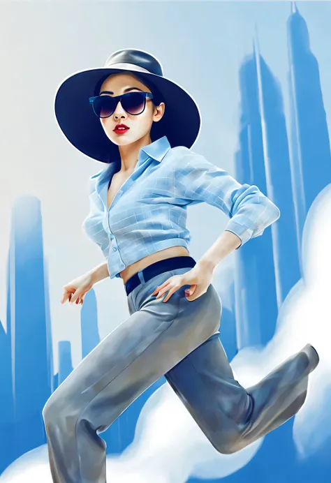 (modern art dance simple poster design), (half-length close-up), (beautiful chinese girl dancing in the air), (wearing sunglasse...