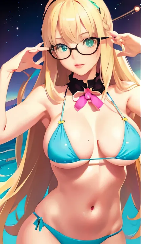 Blonde hair, green eyes, glasses, pink bow, bimbo、big juicy lips, cosmic eyes, masterpiece, bright eyes, glasses, hour glass, big boobs, bikini,