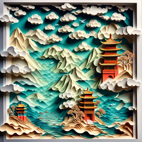 paper cutting，chinese architecture，garden，landscape，sea of clouds