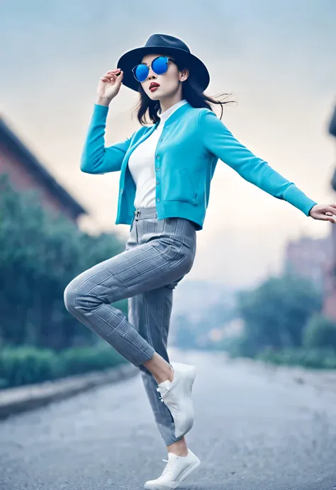 (modern art dance simple poster design), (half-length close-up), (beautiful chinese girl dancing in the air), (wearing sunglasse...