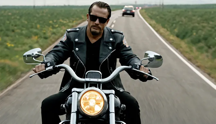 (hyper realistic, photorealistic, 4k, UHD, intricate details, long shot) A 1950s scene of Anton wearing his Harley Davidson Jacket, riding on a Harley Davidson motorcycle down the highway, cinematic, keyword Anton