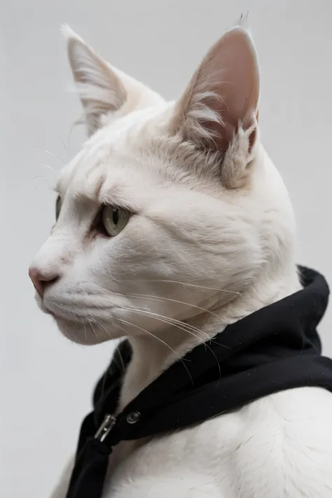 White cat wearing black hood，profile，white background，Lighting from above，wearing hood