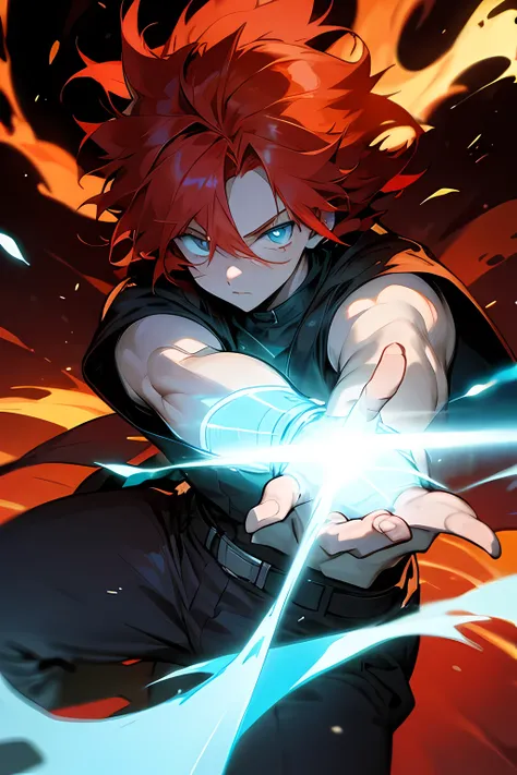 red haired anime boy (glowing hair) with fire powers fighting against mutant monsters