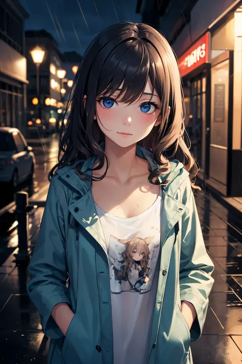 masterpiece, best quality,illustration,
1girl,teenage,night city,rain,coat,hands in pockets,t-shirt,botomless,
wavy hair,blue dashed eyes,looking down at viewer,
closed mouth,medium breasts,petite