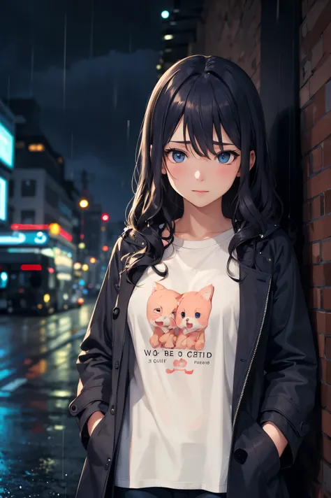 masterpiece, best quality,illustration,
1girl,teenage,night city,rain,coat,hands in pockets,t-shirt,botomless,
wavy hair,blue dashed eyes,looking down at viewer,
closed mouth,medium breasts,petite