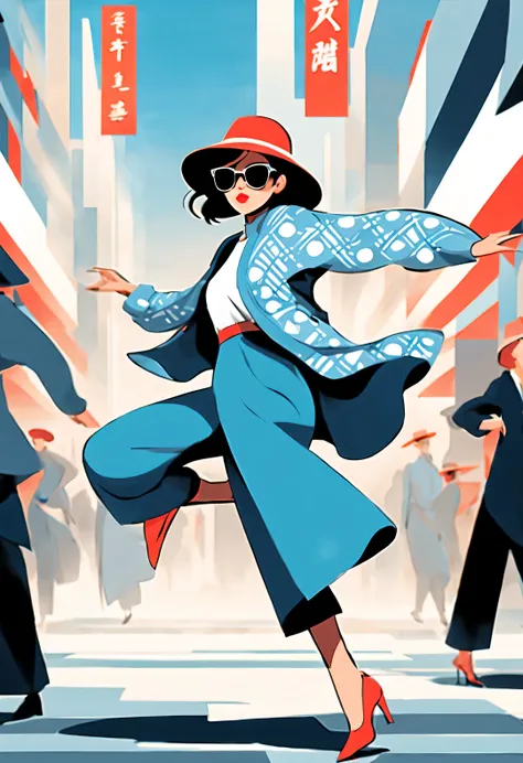 (Modern art dance simple poster design), (Half-length close-up), (Beautiful Chinese girl dancing in the air), (Wearing sunglasses and a hat: 1.2), Characterized by exquisite details and layering, The pastel tones of a light blue coat and off-white floral s...