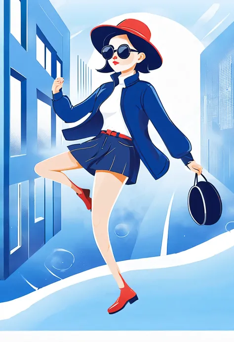 (Modern art dance simple poster design), (Half-length close-up), (Beautiful Chinese girl dancing in the air), (Wearing sunglasses and a hat: 1.2), Mainly cool colors present simple and modern beauty, (An elegant dark blue coat paired with a bright white tu...