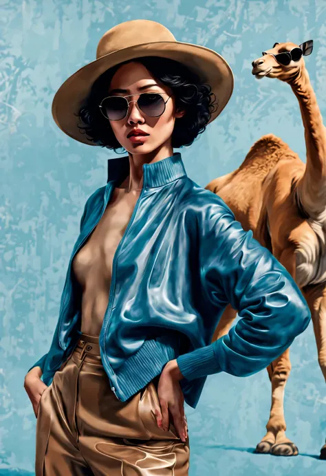 (Modern art dance simple poster design), (Half-length close-up), (Beautiful Chinese girl dancing in the air), (Wearing sunglasses and a hat: 1.2), (Clever use of warm camel and soft ice blue), With rich wool texture and fur elements, Create a warm, timely ...