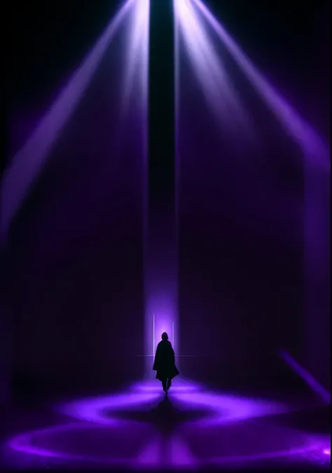 purple light shining through a dark area with a person walking in the middle, purple aura, portal to the ethereal realm, purple light, opening a shining portal
