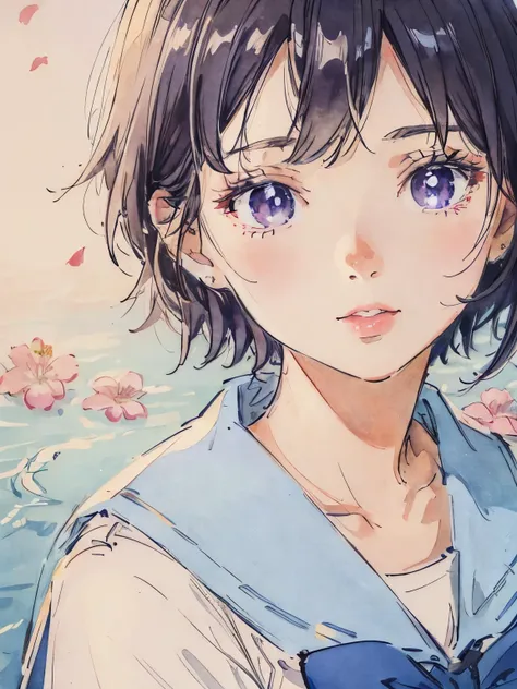 sailor suit、close up of face、soft lighting、colored pencil style、lips、short hair、background flowers