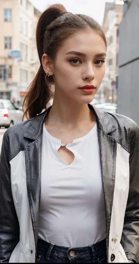 Beautiful skinny girl, elongated face and thin chin, freckles, brown ponytail hair, brown eyes, red lipstick, beautiful makeup, white skin, with patterned t-shirt , black pants, a black jean coat , sexy style