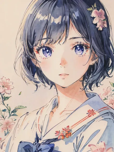 sailor suit、close up of face、soft lighting、colored pencils style、short hair、background flowers