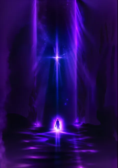 purple light shining through a dark room with a person walking in the middle, purple aura, portal to the ethereal realm, purple ...