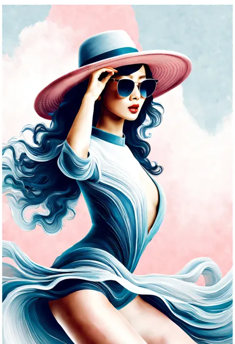 (Modern art dance simple poster design), (Half-length close-up), (Beautiful Chinese girl dancing in the air), (Wearing sunglasses and a hat: 1.2), (Soft pink contrasts with deep navy blue), Showing the warmth and depth of winter, Both fashionable and with ...