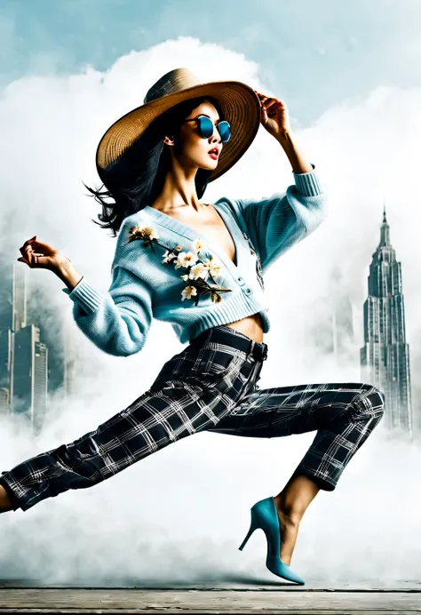 (Modern art dance simple poster design), (Half-length close-up), (Beautiful Chinese girl dancing in the air), (Wearing sunglasses and a hat: 1.2), Characterized by exquisite details and layering, The pastel tones of a light blue jacket and off-white floral...