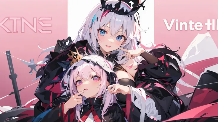 2 anime characters with their faces painted in different colors and sizes, wearing a crown, girl in the front has nekomimi ears, pink eyes and pink hair, 1 girl in the back has white hair and blue eyes, white bangs, shikamimi, white haired, ahegao face, fa...