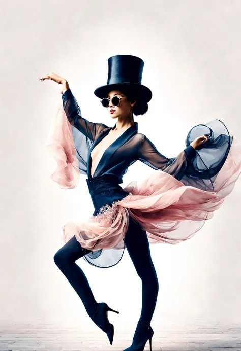 (Modern art dance simple poster design), (Half-length close-up), (Beautiful Chinese girl dancing in the air), (Wearing sunglasses and top hat: 1.2), twice as good, (Soft pink contrasts with deep navy), Show the warmth and depth of winter, Both fashionable ...