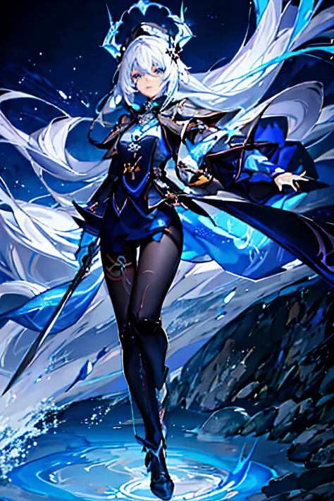 anime girl with long white hair and blue cape holding a sword, from arknights, genshin impact character, by Yang J, keqing from genshin impact, genshin impact style, stunning character art, epic exquisite character art, great character design, genshin, ark...