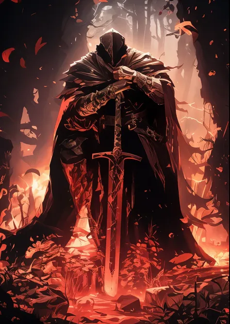 a man in a cloak holding a sword in a dark black and red forest, hold sword in the forest, glowing sword (red),dark fantasy styl...