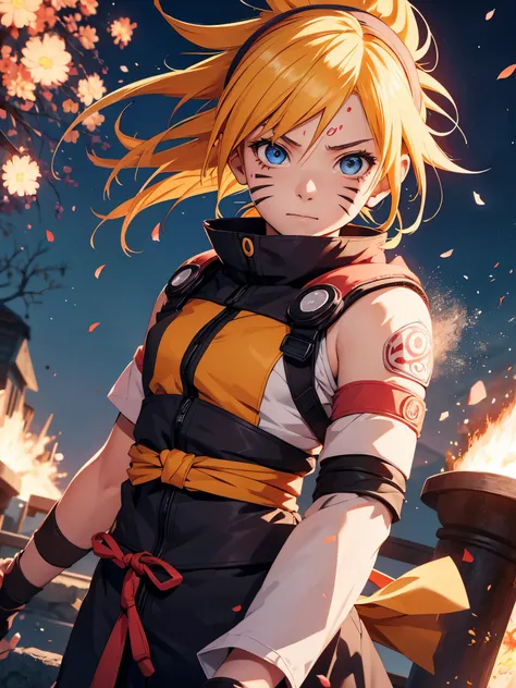 Sakura 4_Rise, boruto: Future generations Naruto, naruto shippuuden , 1girl, Explosions, facial mark, Blue eyes, parted Explosions, Yellow hair, Red hair band, good, short hair, Single, Upper body ((Masterpiece)) 