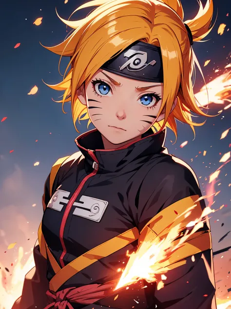 Sakura 4_Rise, boruto: Future generations Naruto, naruto shippuuden , 1girl, Explosions, facial mark, Blue eyes, parted Explosions, Yellow hair, Red hair band, good, short hair, Single, Upper body ((Masterpiece)) 