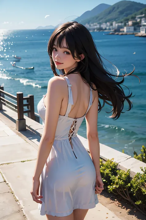 very cute and beautiful girl,teen,white sun dress with detailed frills,(highly detailed beautiful face and eyes:1.2),
walking slopy pathway to hilltop,(sea side Mediterranean cityscape),distant harbor,beautiful summer sky,detailed landscape,
cowboy shot,(s...