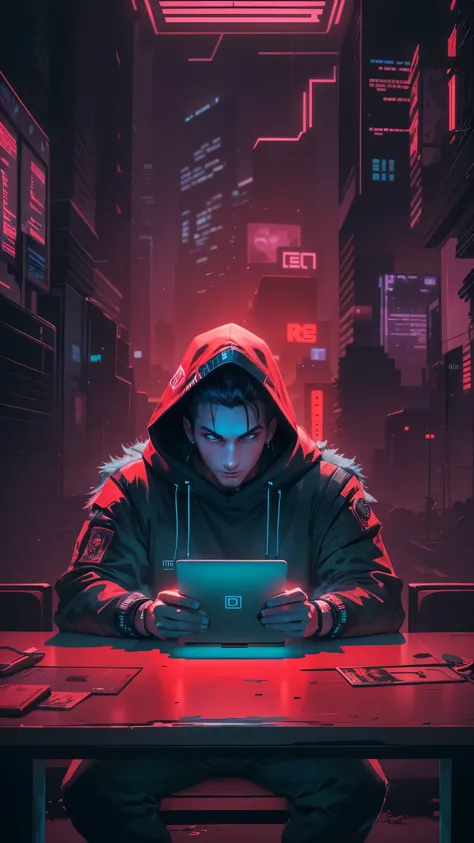 There is a man in a hoodie sitting at a table with a laptop, cyberpunk hacker, cyber noir, dark cyberpunk illustration, omen from valorant, inspired by Kilian Eng, darksynth character portrait, cyberpunk illustration, RPG art, of an cyber gods, cyberpunk a...