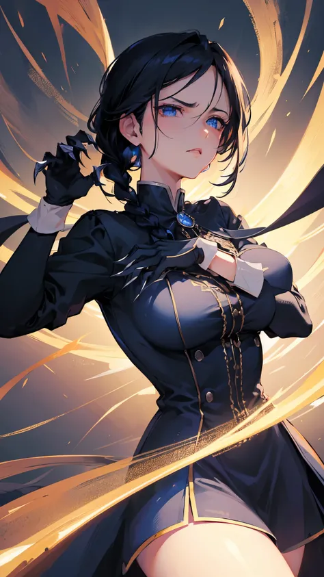 (Anime scene, arrogant girl, braided black hair, blue eyes,elegant dress with closed high collar), ((iron gloves with huge claws)), intense gaze, dramatic lighting, ornate background, confident stance, fierce expression, presence strong,highly detailed CG,...