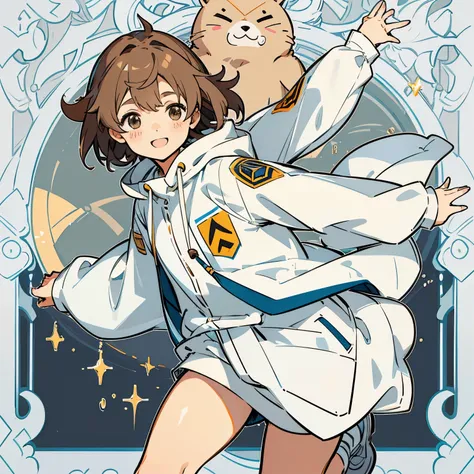 light brown hair、Brown、髪の毛short、maleの娘、male、cute、gray eyes、smile、white hoodie、Burikko、shortパンツ、Wankar、short、uniform、school uniform、Open the front of your white hoodie