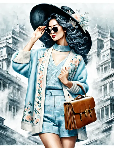 (Modern art dance simple poster design), (Half-length close-up), (Beautiful Chinese girl waving briefcase in the air,), (Wearing sunglasses and a hat: 1.2), Characterized by exquisite details and layering, The pastel tones of a light blue jacket and an off...