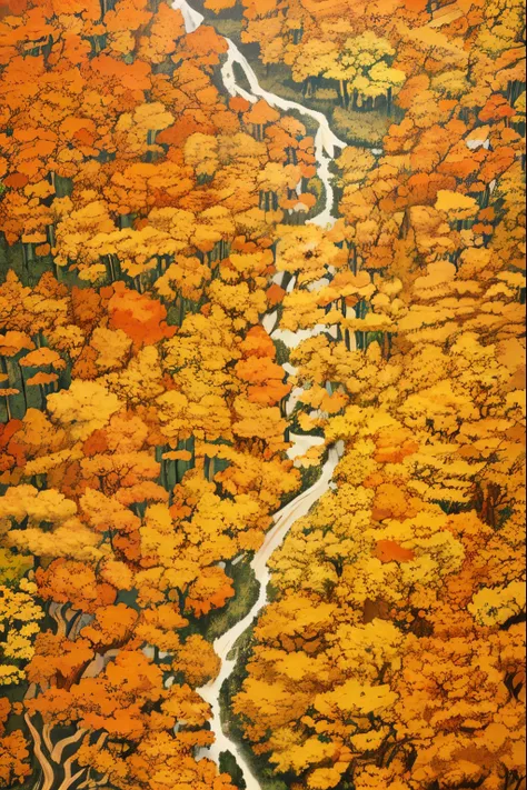 A creek through the autumn forest, fantasy, Illustrator style, Aerial view, HD, detail