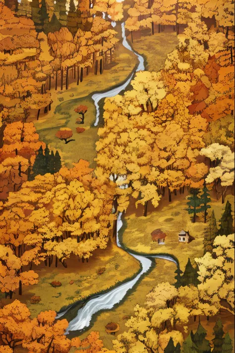 A creek through the autumn forest, fantasy, Illustrator style, Aerial view, HD, detail