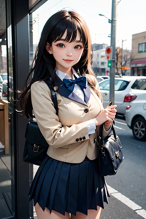 very cute and beautiful girl,(very detailed美しい顔と目:1.2),
(blue blazer school uniform, pleated mini skirt),Stand in front of the cake shop window,detailed background,
(smile:1.2),cowboy shot,have a school bag,dynamic angle,hairpin,black hair,downtown street,...