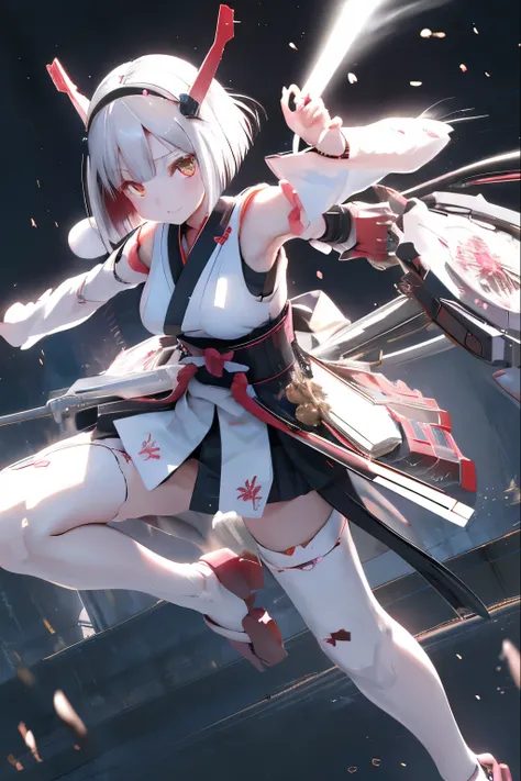 (highest quality)), ((masterpiece)), (very detailed: 1.3), 3D, {(japanese young girl)}, white theme,  (ware a scarlet hakama:1.2), wear shrine maiden anime costume, wears a futuristic Gundam mecha,(Gundam), with headgear, with v-fin , armored shoulders,arm...