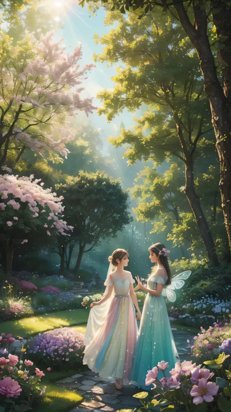 (best quality,highres),vibrant multicolored garden,ethereal fairies,floating in mid-air,glowing with fairy dust,Fairies are wearing delicate, iridescent wings,sparkling in the sunlight,Colorful flowers blooming everywhere,bursting with life and fragrance,L...